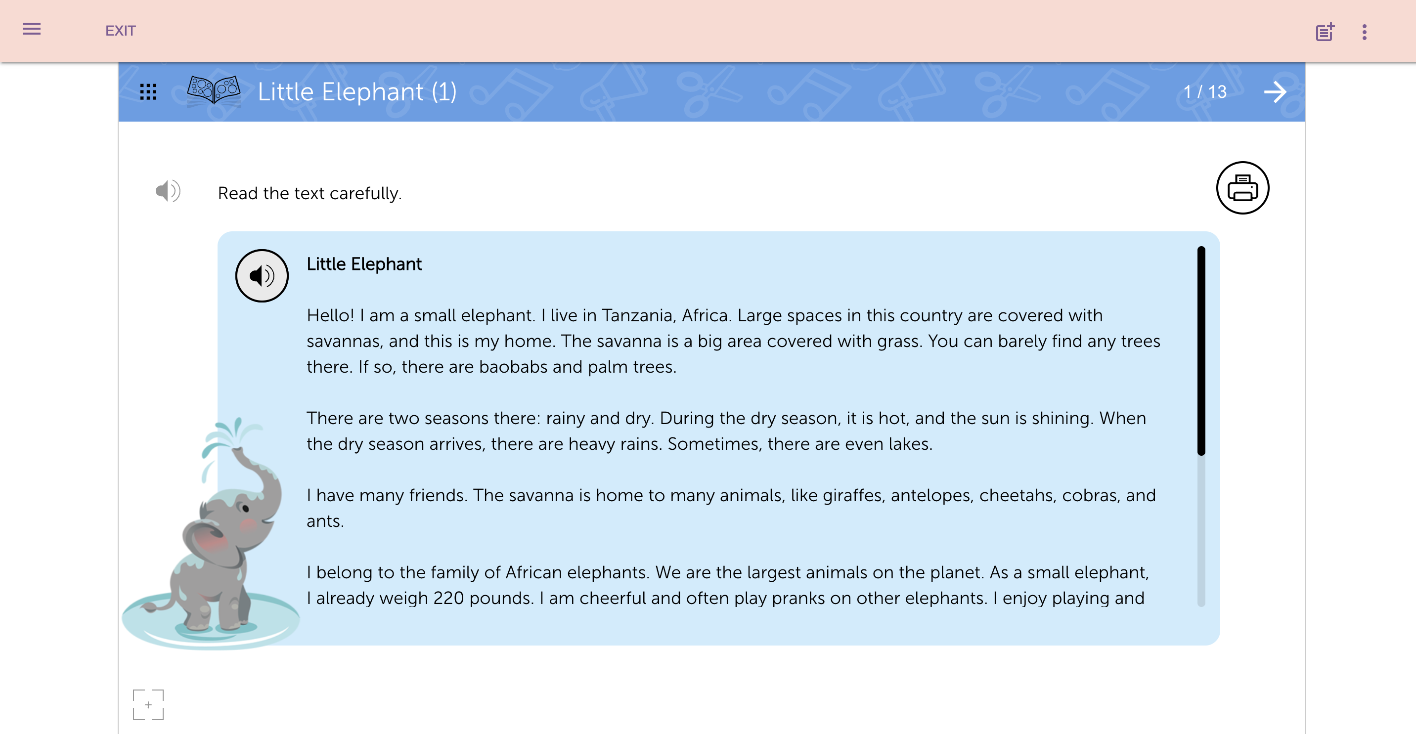 Example of one Reading Comprehension Activity